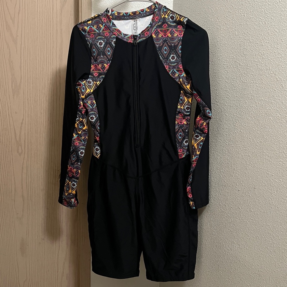 Jumpsuit swimming suit with Vibrant Geometric Accents